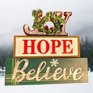 Stackable Holiday Wood Sign Set - Green, Red, White - Joy Hope Believe